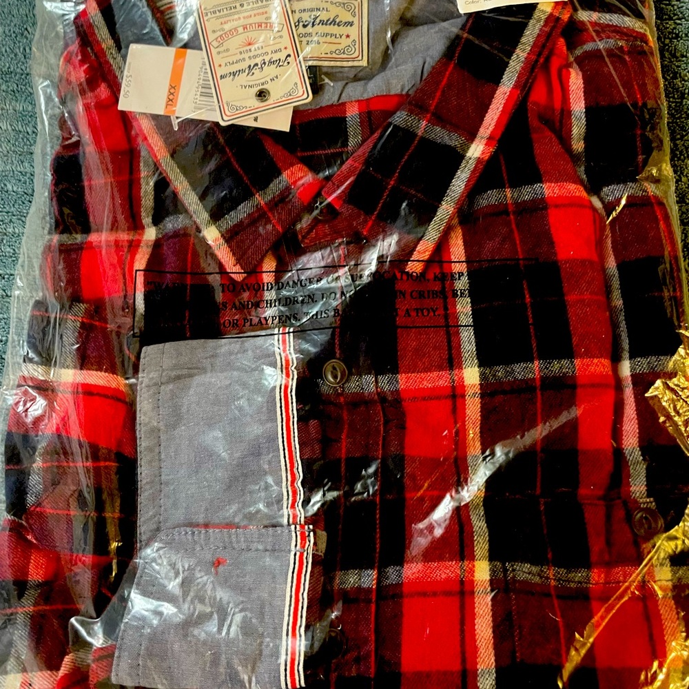 3x red Plaid Flag and anthem flannel shirt. New in bag